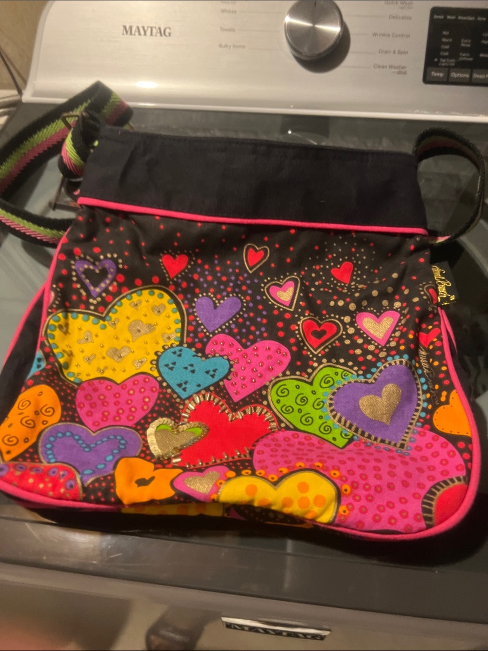 Laurel Burch Black Crossbody with Multicolor Heart Design